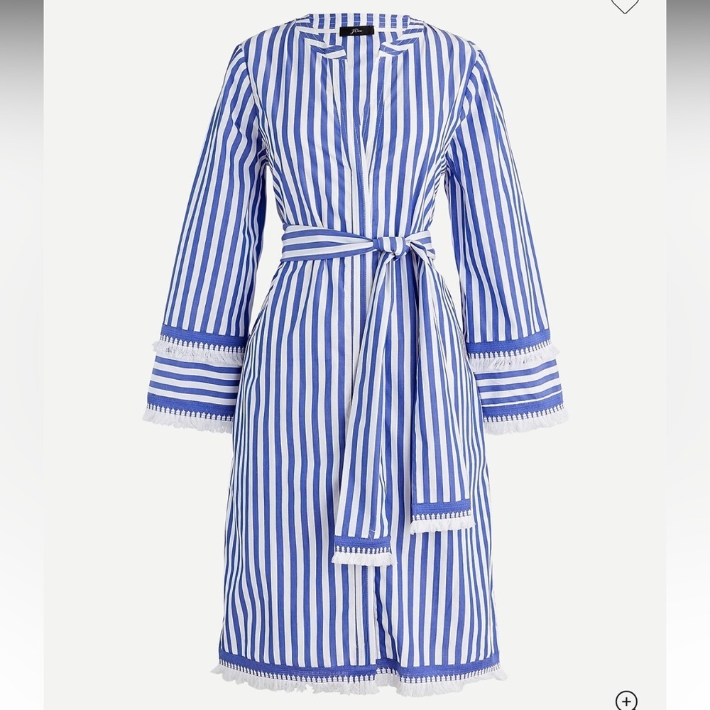 J. Crew Belted Cotton Poplin Tunic Dress 12 Blue White Striped Tassel Trim GUC